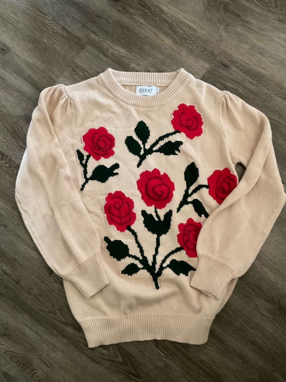 OXKNIT Cream Sweater with Red Rose Motif